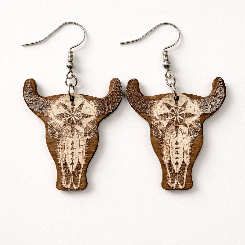 Cow skull wooden grunge distressed festival coastal cowgirl boho unique earrings